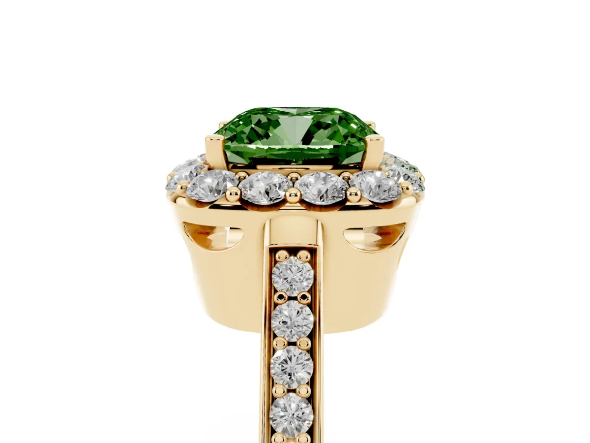 Fancy Green Cushion Cut Diamond Floral Halo Ring with Pavé Band and Prong Setting Yellow gold