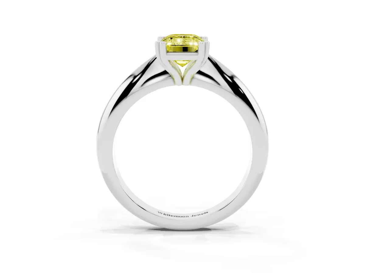 Fancy Yellow Emerald Cut Cut Solitaire Engagement Ring with Tapered Band and Four-Prong Setting Silver