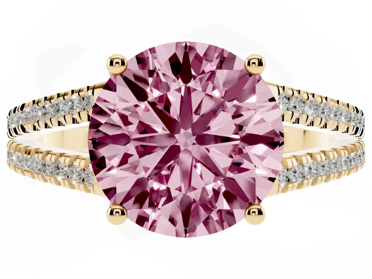 Fancy Pink Round Cut Diamond Solitaire Engagement Ring with Split Shank Pavé Band Yellow gold