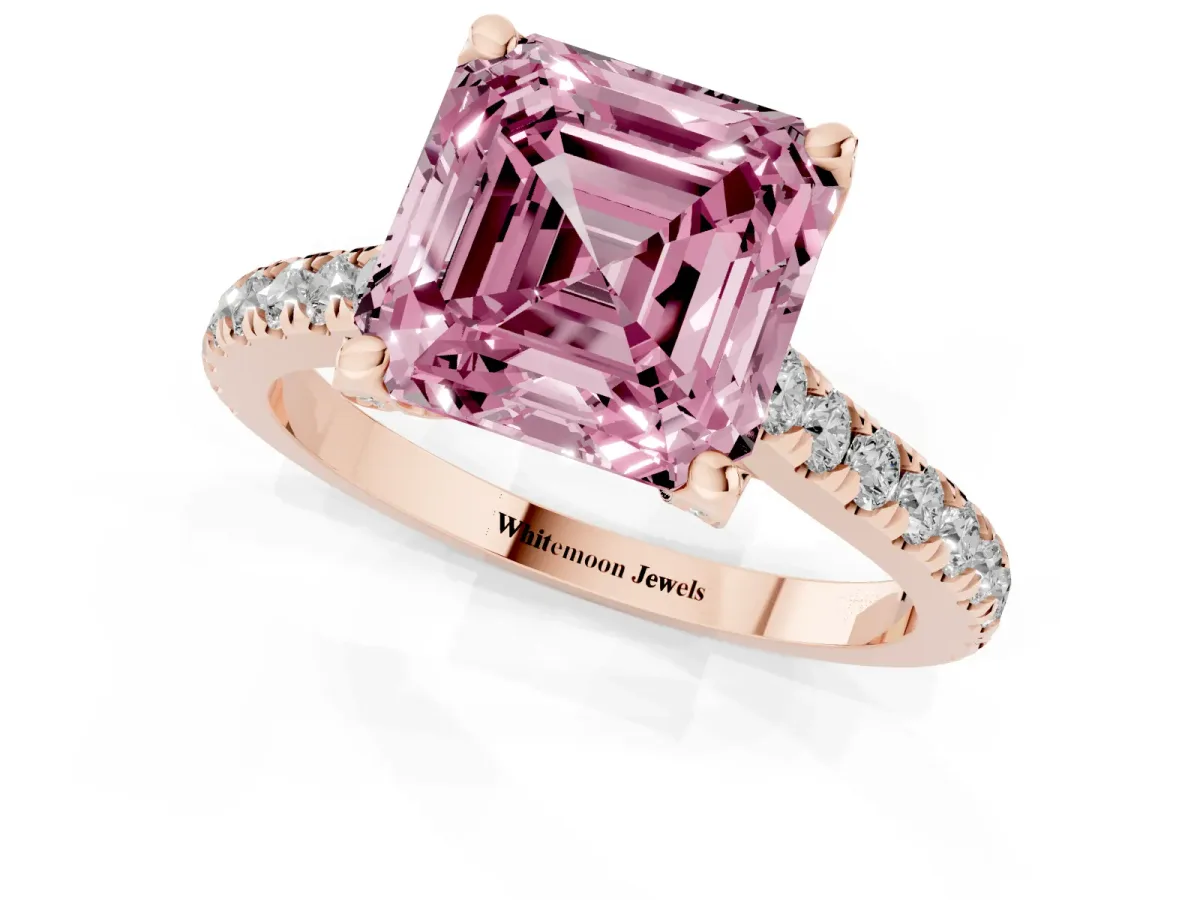 Fancy Pink Asscher Cut Brilliant Diamond Solitaire with Pavé Band and Four-Prong Setting Rose gold