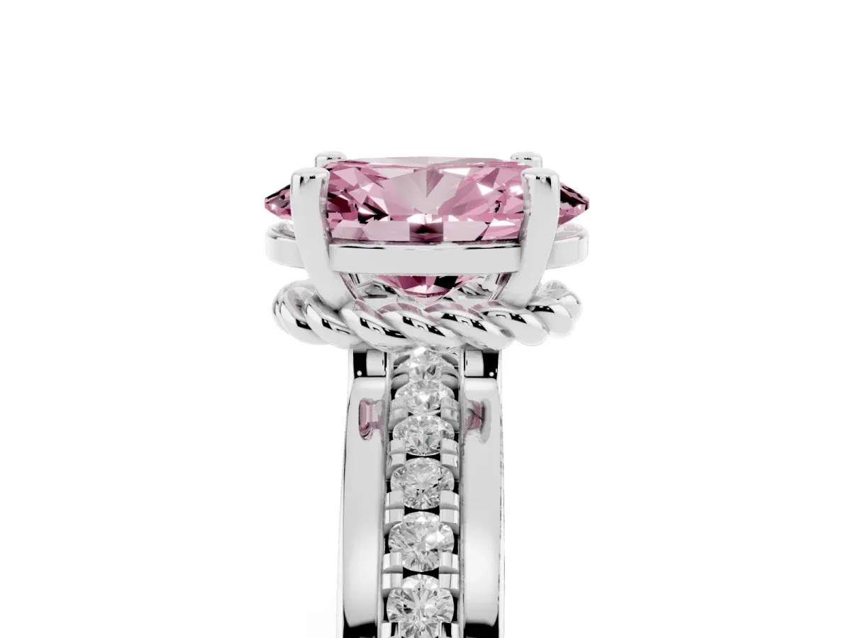 Fancy Pink Oval Cut Solitaire Diamond Ring with Channel Set Band and Six-Prong Setting Silver