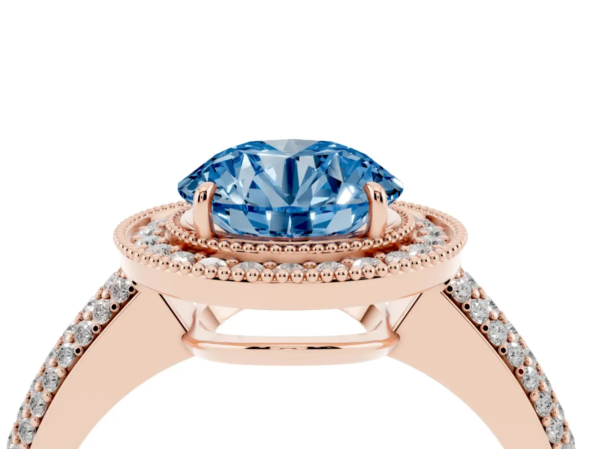 Fancy Blue Round Cut Cut Halo Diamond Pave Band with Four-Prong Setting Rose gold