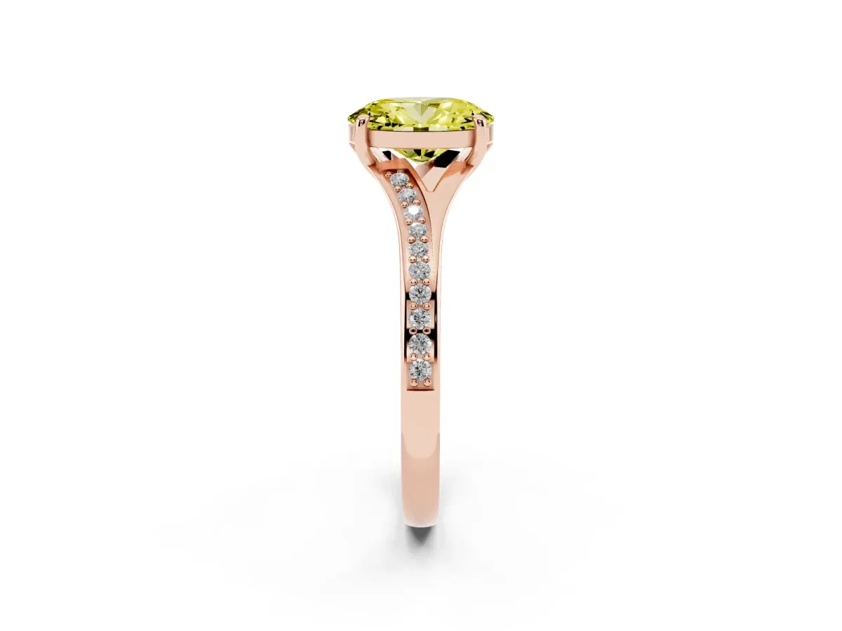 Fancy Yellow Oval Cut Diamond Solitaire Ring with Pavé Band and Prong Setting Rose gold