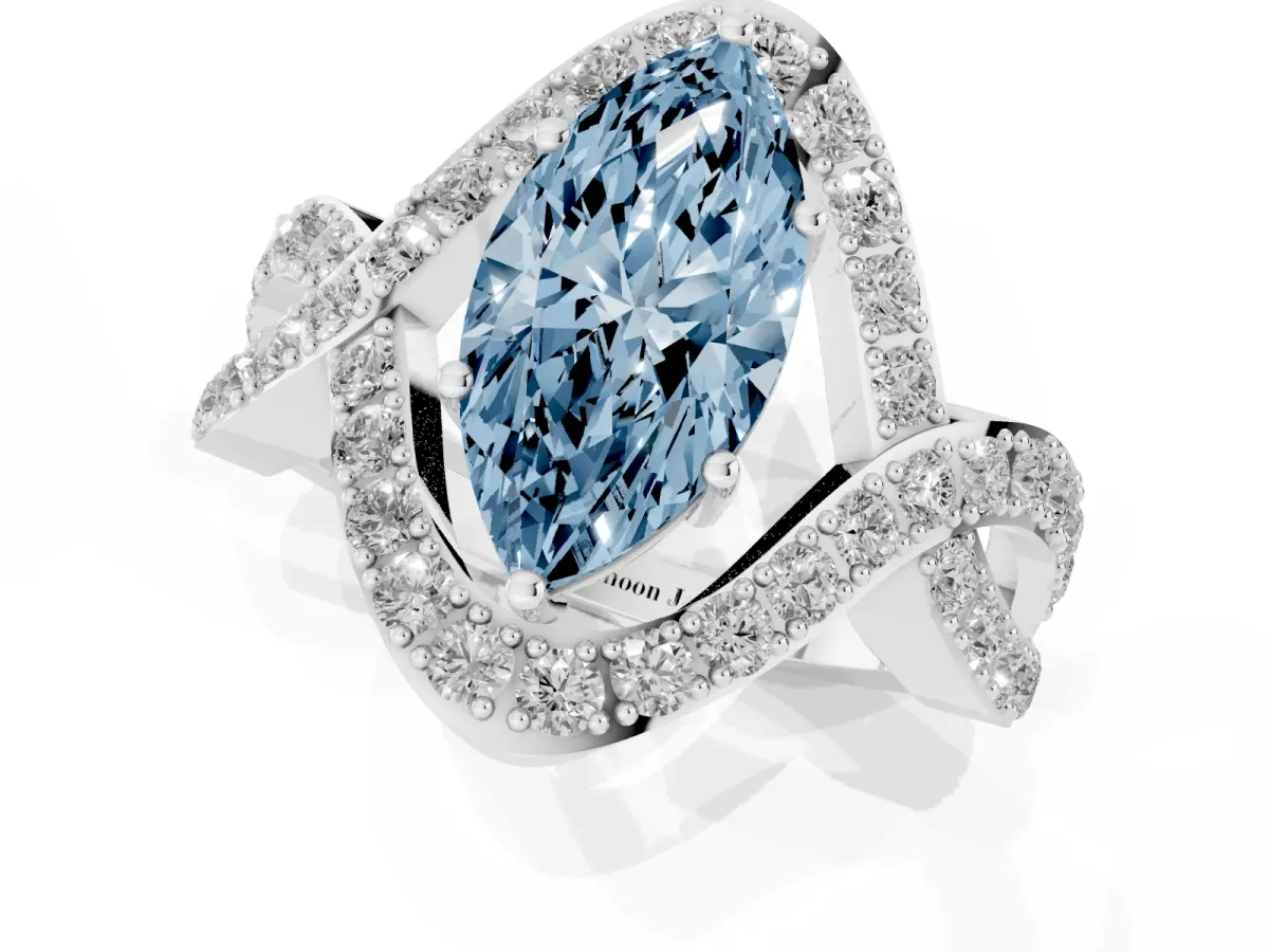 Fancy Blue Marquise Cut Solitaire Twist Band Pavé Diamond Engagement Ring White gold