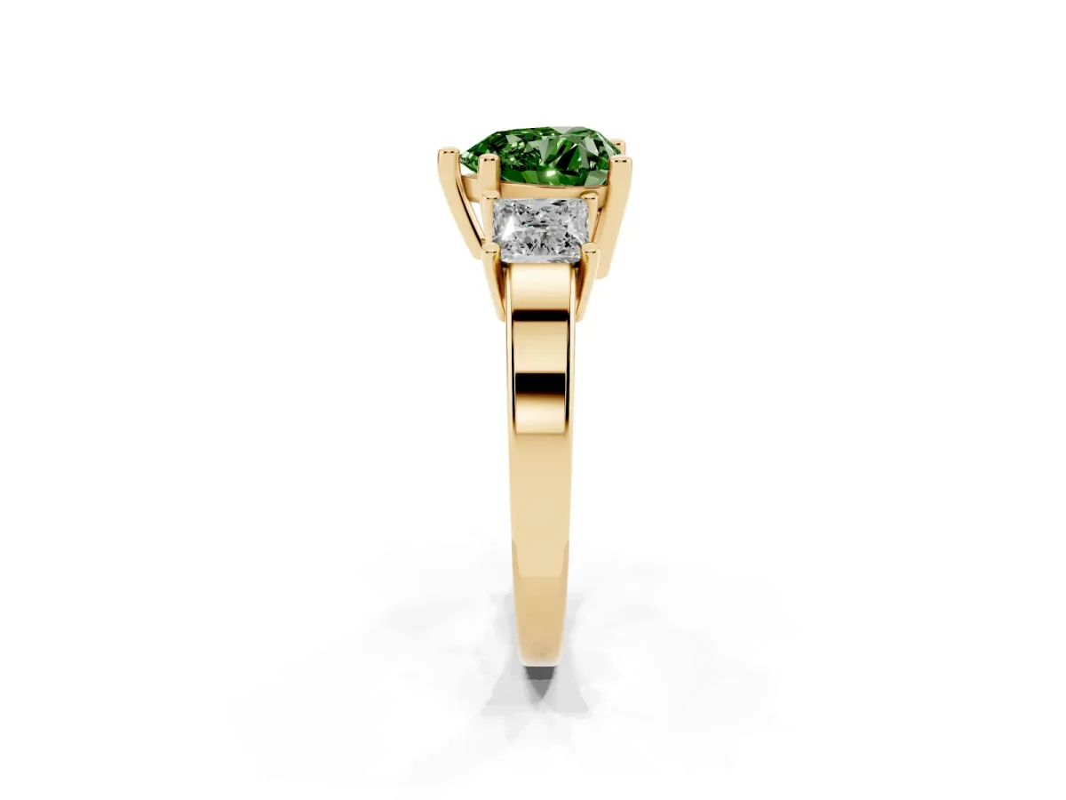 Fancy Green Three-Stone Heart Cut Cut Solitaire Ring with Prong Setting Yellow gold