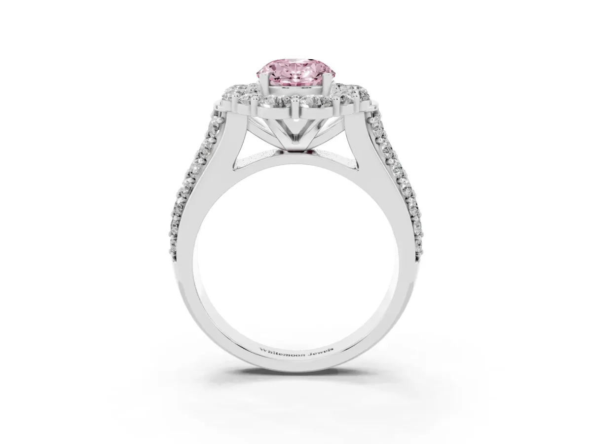 Fancy Pink Oval Cut Halo Diamond Engagement Ring with Split Shank and Prong Setting Silver