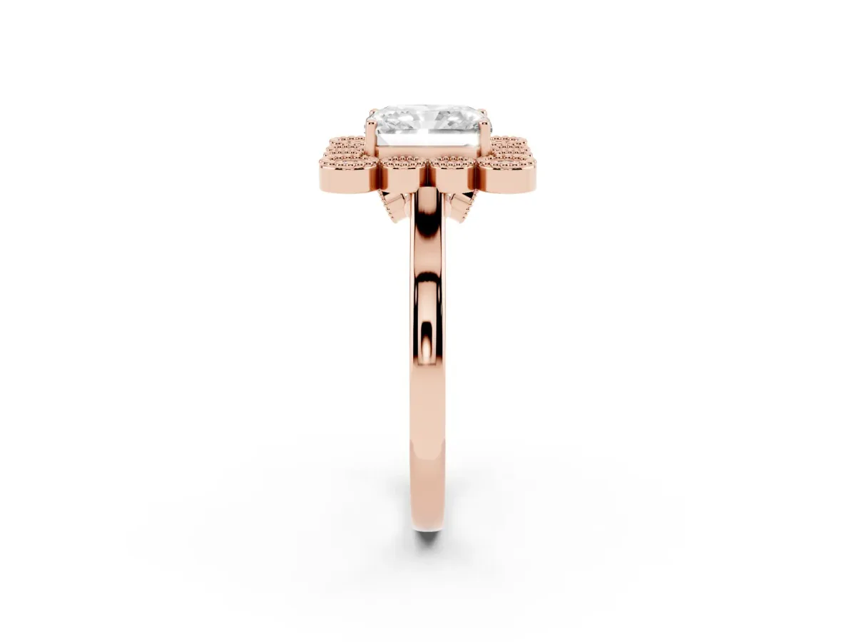 Radiant Cut Halo Diamond Cluster Engagement Ring with Milgrain Bezel Setting and Solitaire Band Rose gold