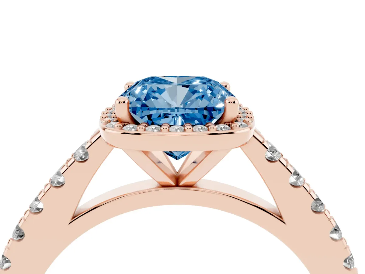 Fancy Blue Cushion Cut Cut Halo Diamond Engagement Ring with Pave Band and Four-Prong Setting Rose gold