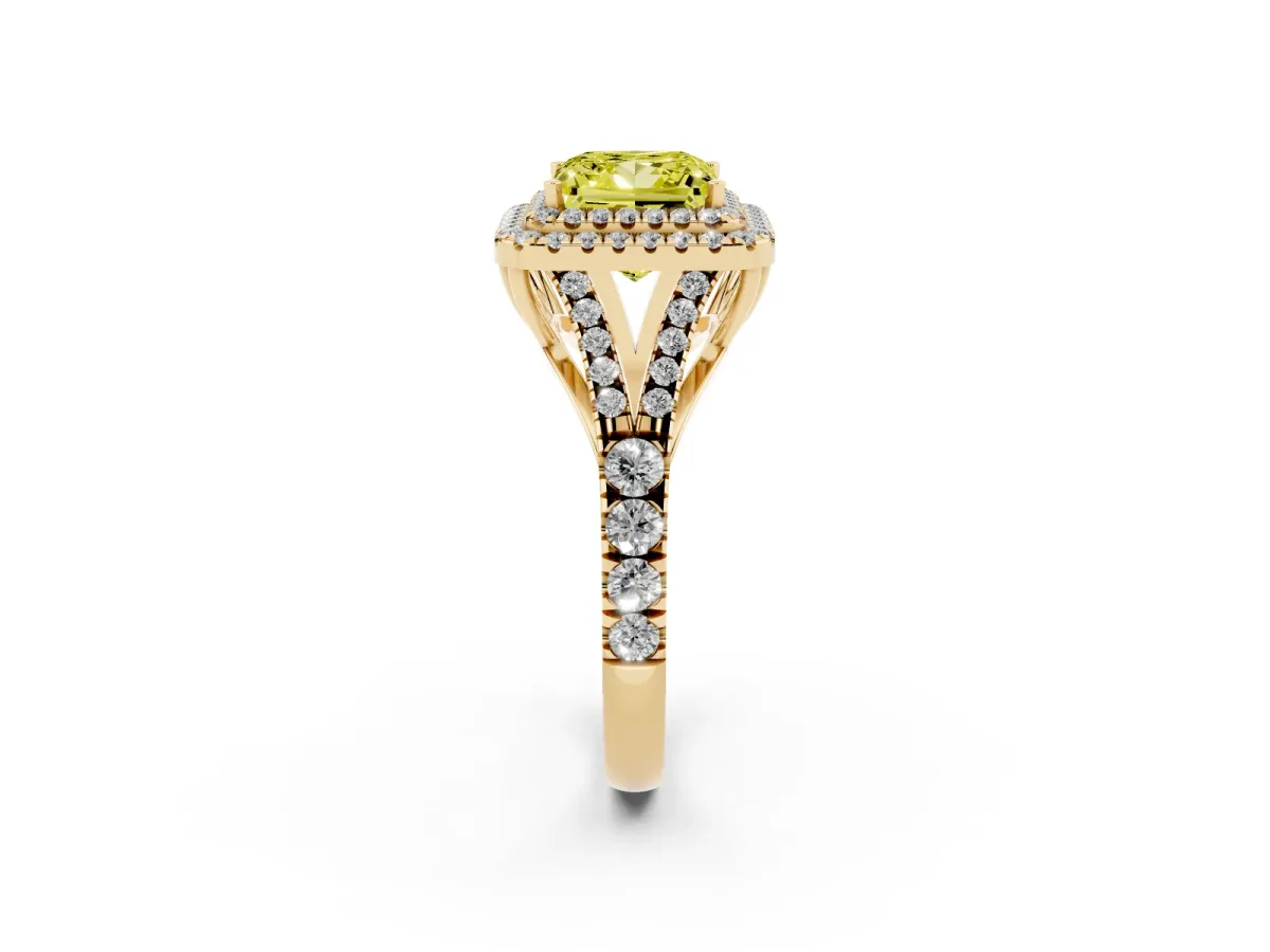 Fancy Yellow Princess Cut Cut Double Halo Split Shank Diamond Ring with Prong Setting Yellow gold