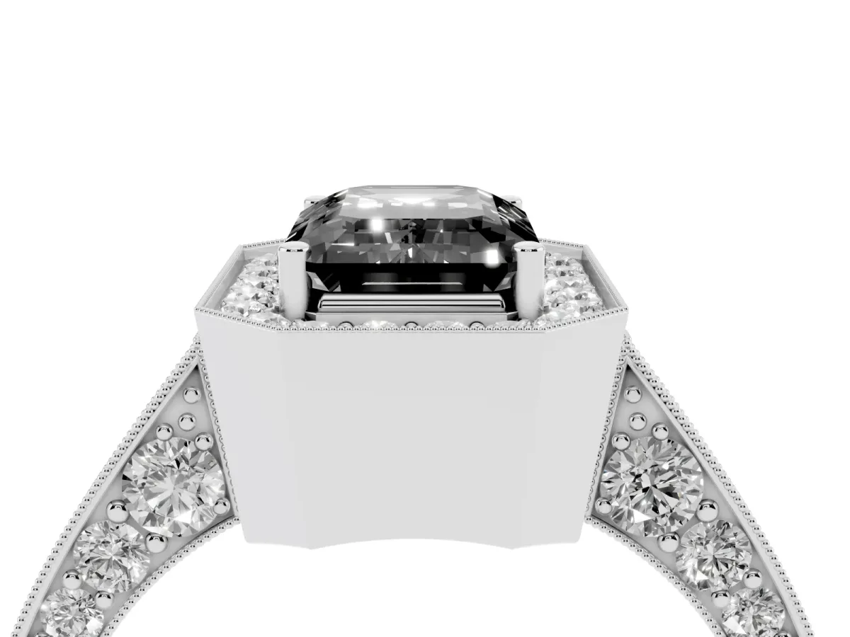 Fancy Black Emerald Cut Halo Diamond Engagement Ring with Split Shank Band and Four-Prong Setting Silver