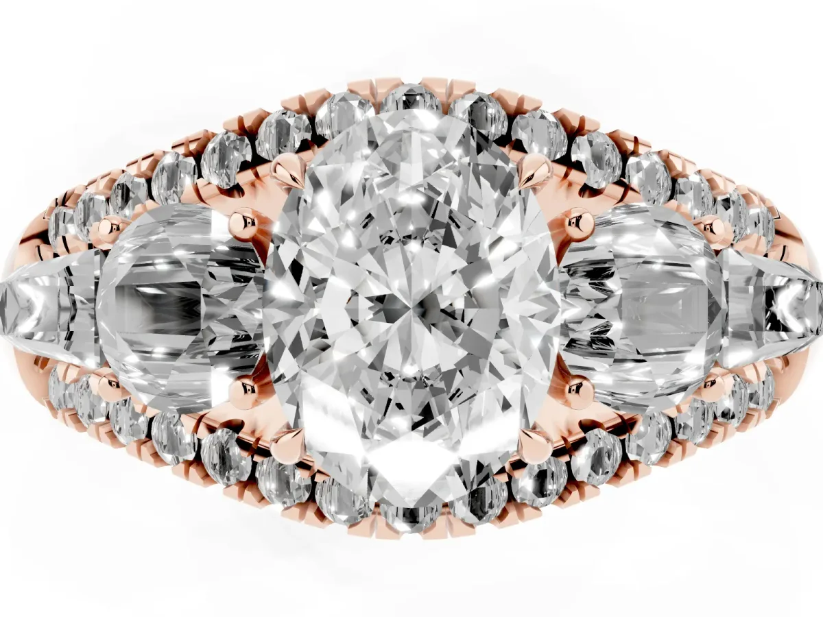 Three-Stone Oval Cut Diamond Engagement Ring with Pave Band and Prong Setting Rose gold