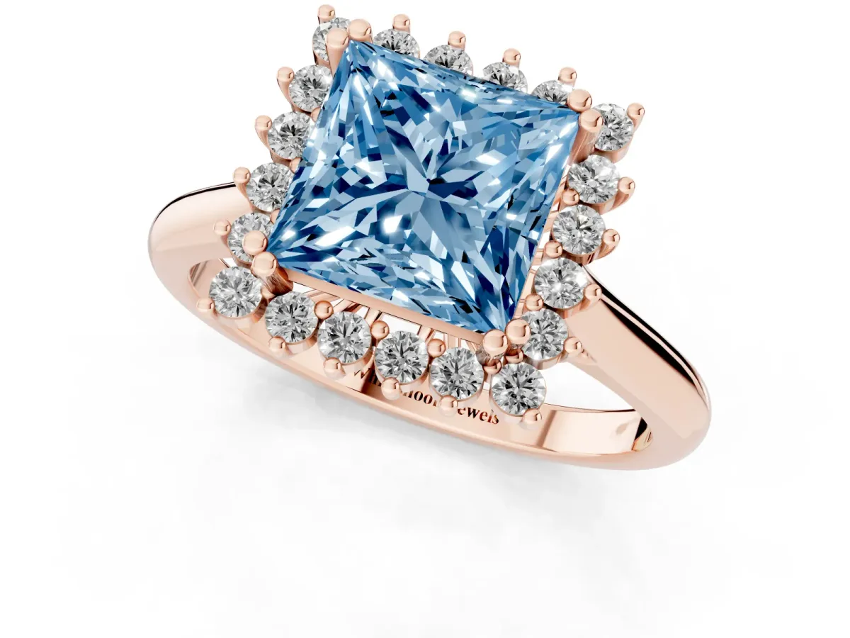 Fancy Blue Princess Cut Cut Diamond Halo Ring with Solitaire Band and Prong Setting Rose gold