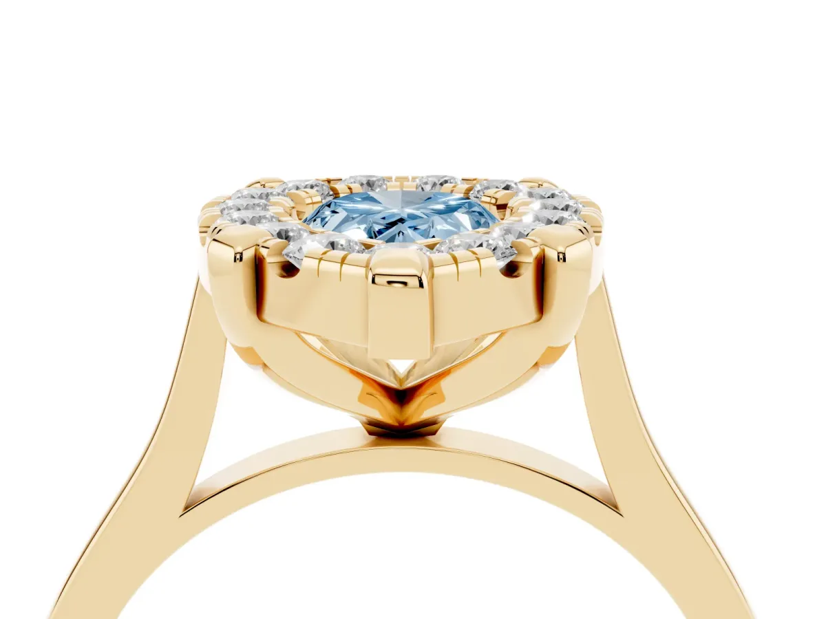 Fancy Blue Pear Cut Diamond Cluster Halo Solitaire with Four-Prong Setting Yellow gold