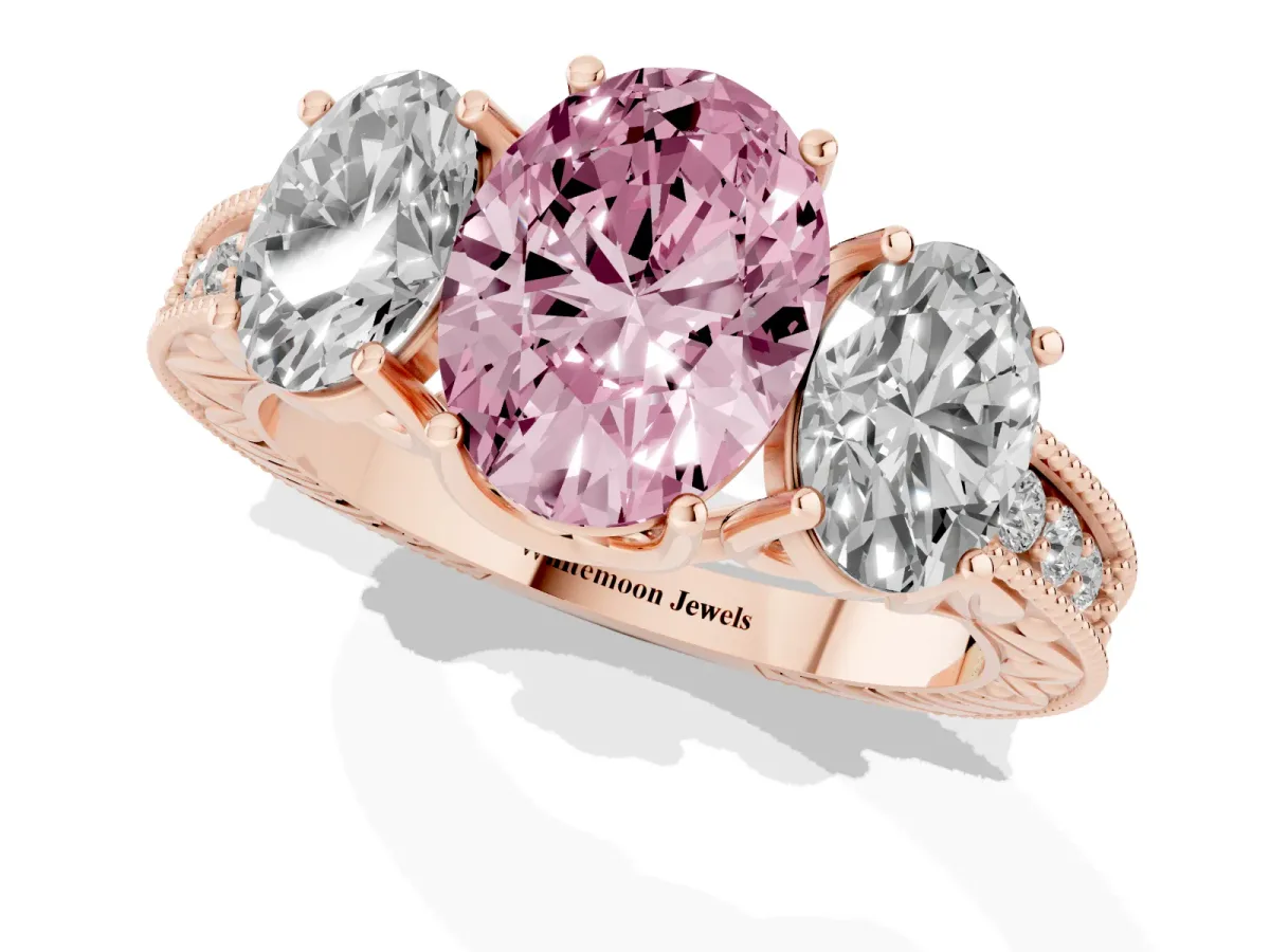 Fancy Pink Three-Stone Oval Cut Cut Milgrain Pavé Engagement Ring Rose gold