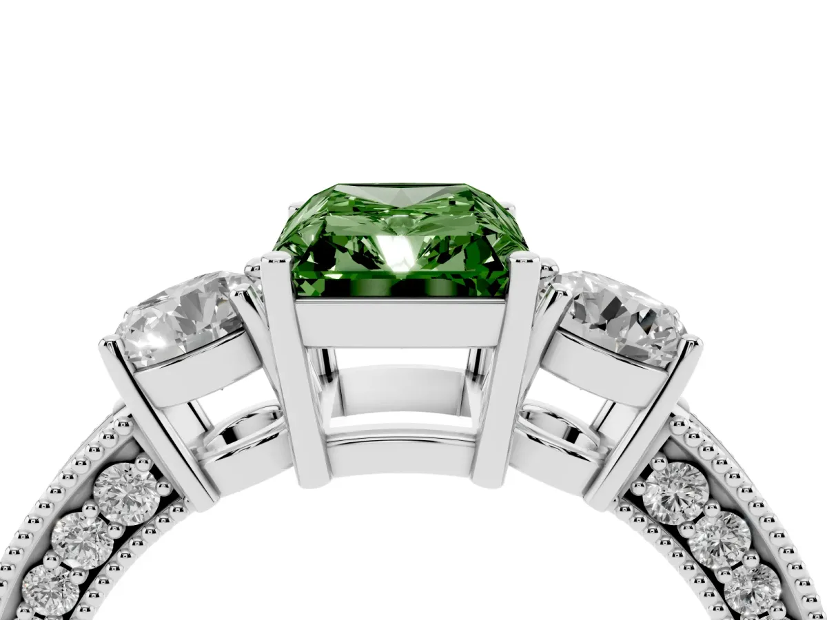 Fancy Green Radiant Cut Three-Stone Diamond Ring with Pavé Band and Four-Prong Setting Silver