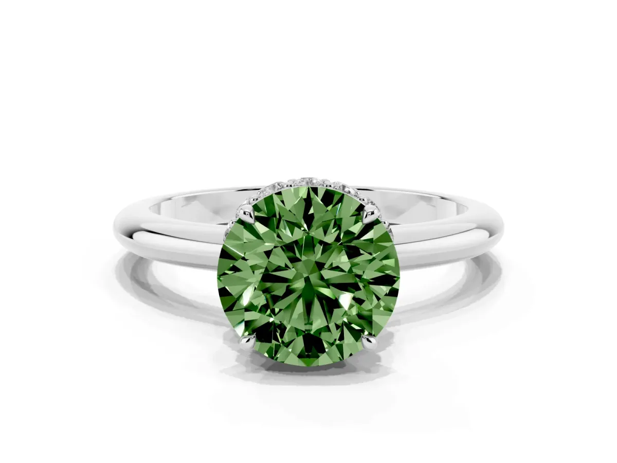 Fancy Green Round Cut Brilliant Solitaire Engagement Ring with Six-Prong Setting and Classic Band Silver