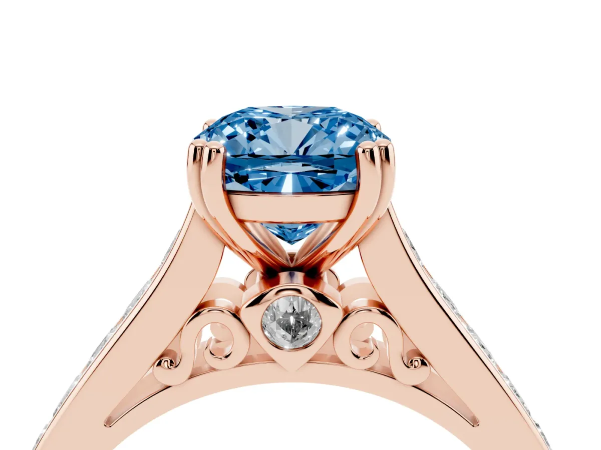 Fancy Blue Cushion Cut Cut Channel Set Solitaire Engagement Ring with Prong Setting Rose gold