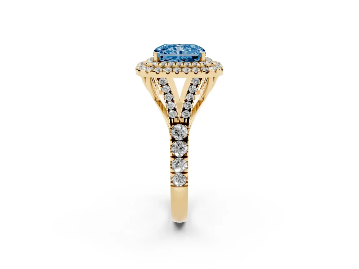 Fancy Blue Radiant Cut Diamond Double Halo Ring with Split Shank and Prong Setting Yellow gold