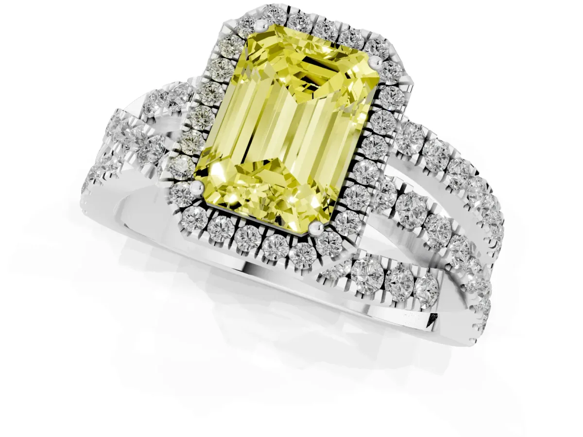 Fancy Yellow Emerald Cut Diamond Halo Ring with Round Split Shank and Prong Setting White gold