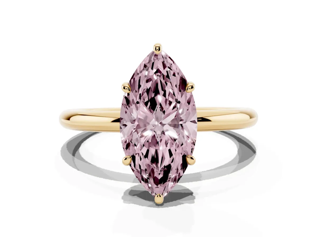 Fancy Pink Marquise Cut Solitaire Diamond Ring with Four-Prong Setting on a Plain Band Yellow gold