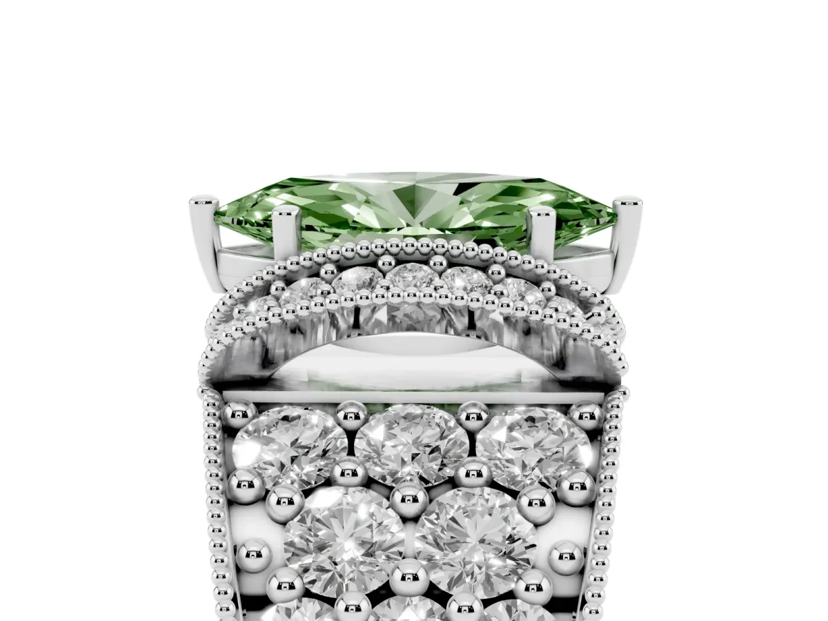 Fancy Green Marquise Cut Halo Pave Diamond Engagement Ring with Milgrain Detailing Silver