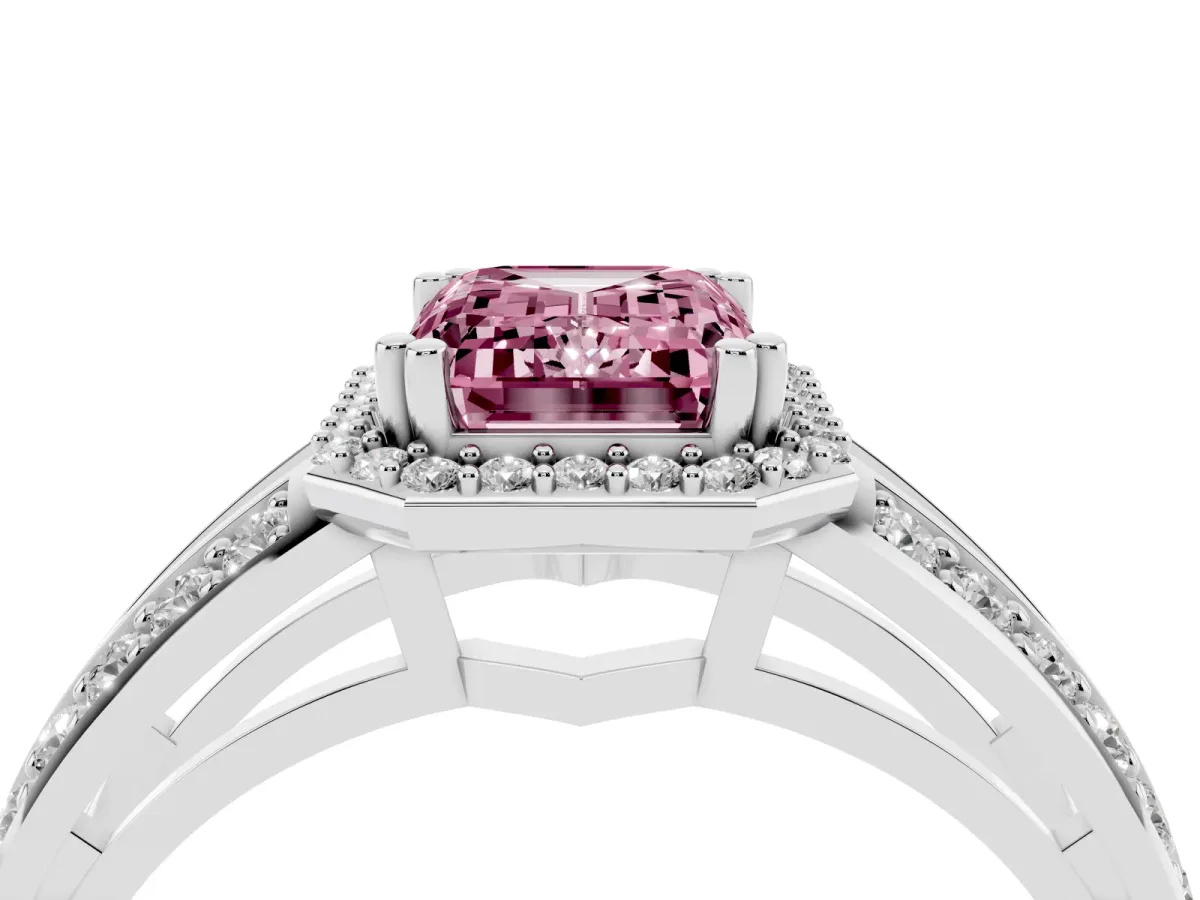 Fancy Pink Emerald Cut Diamond Halo Ring with Split Shank Pavé Band and Four-Prong Setting White gold