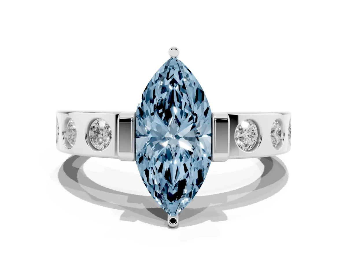 Fancy Blue Marquise Cut Brilliant Channel-Set Diamond Ring with Bezel Prong Setting Silver