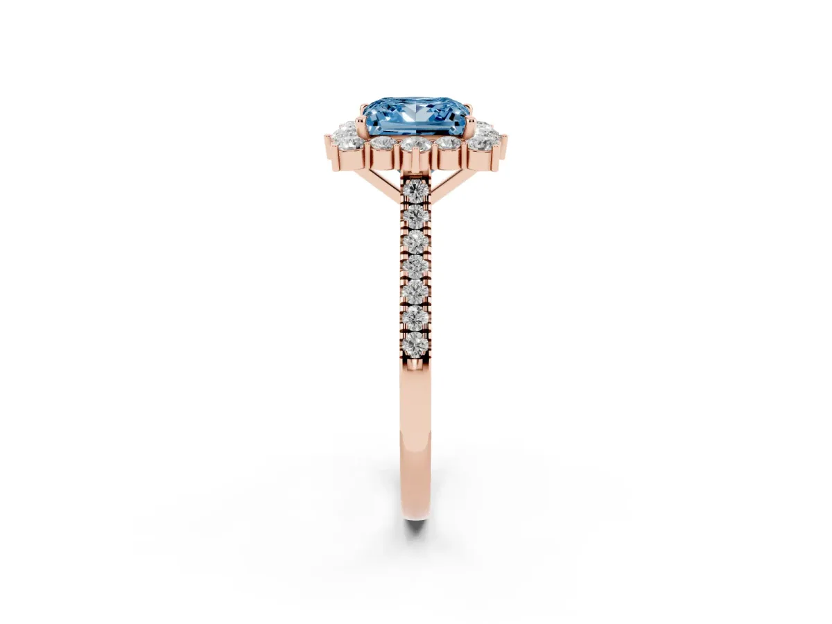 Fancy Blue Princess Cut Halo Diamond Ring with Pavé Band and Prong Setting Rose gold