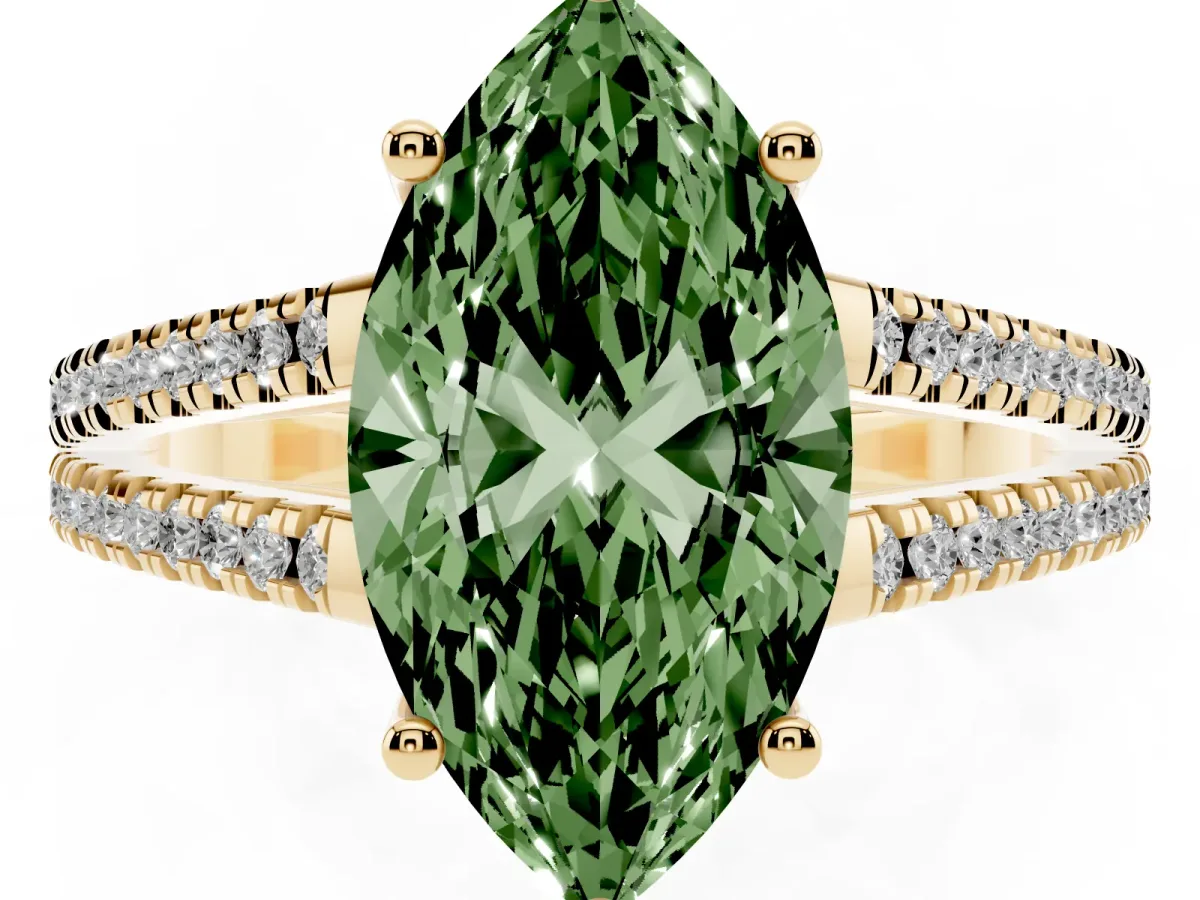 Fancy Green Marquise Cut Diamond Solitaire Engagement Ring with Split Shank Pavé Band Yellow gold