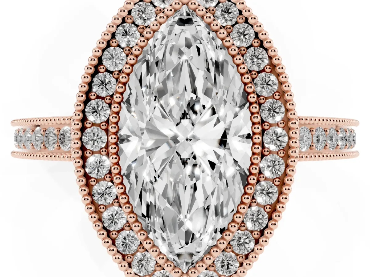 Marquise Cut Cut Halo Diamond Ring with Pavé Band and Milgrain Prong Setting Rose gold