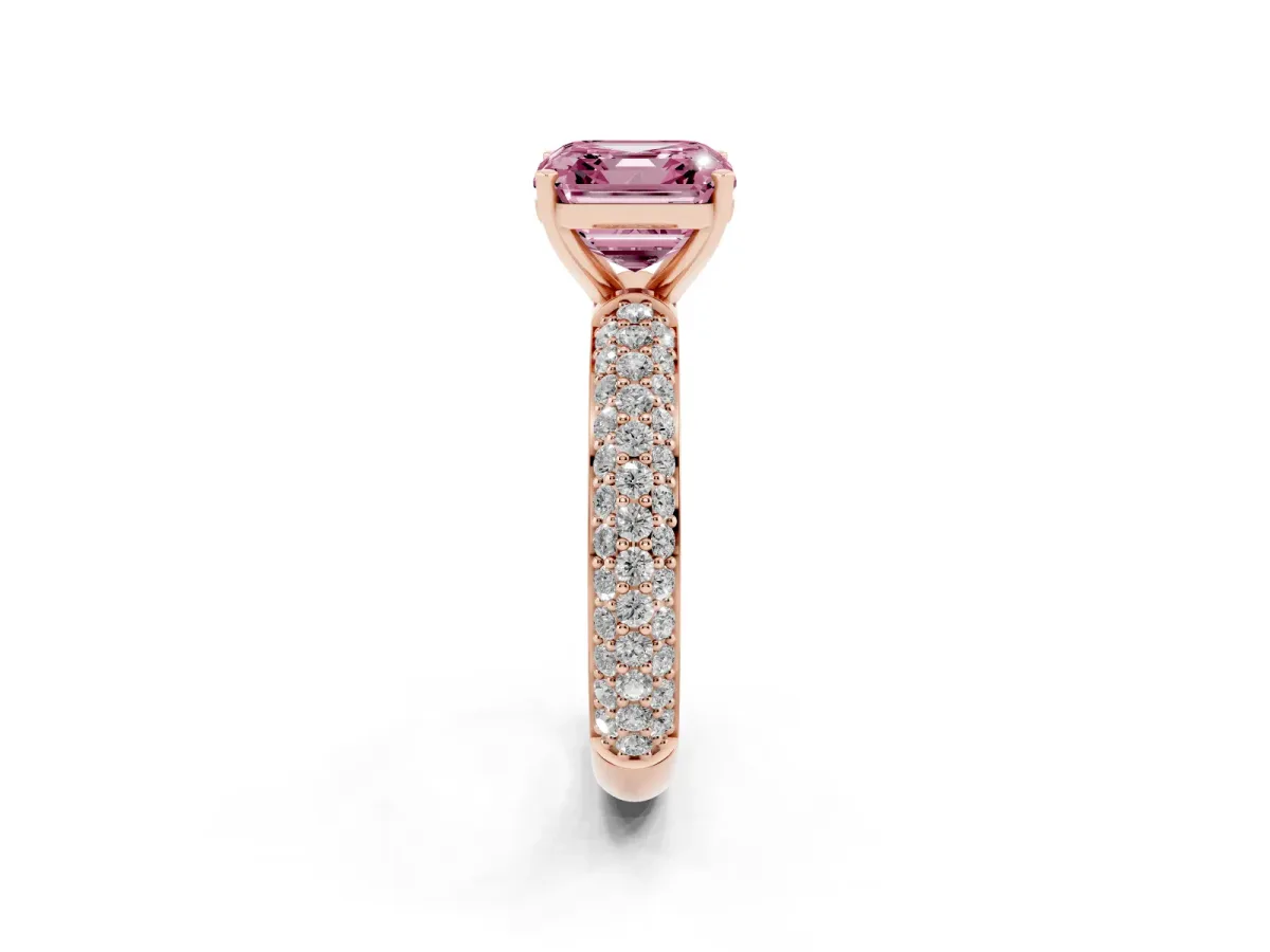 Fancy Pink Asscher Cut Diamond Solitaire Ring with Prong Setting and Pavé Band Rose gold
