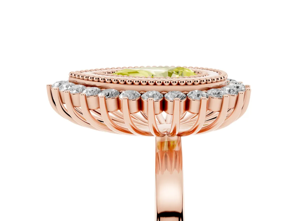 Fancy Yellow Pear Cut Halo Diamond Ring with Milgrain Edge and Round Prong Setting Rose gold