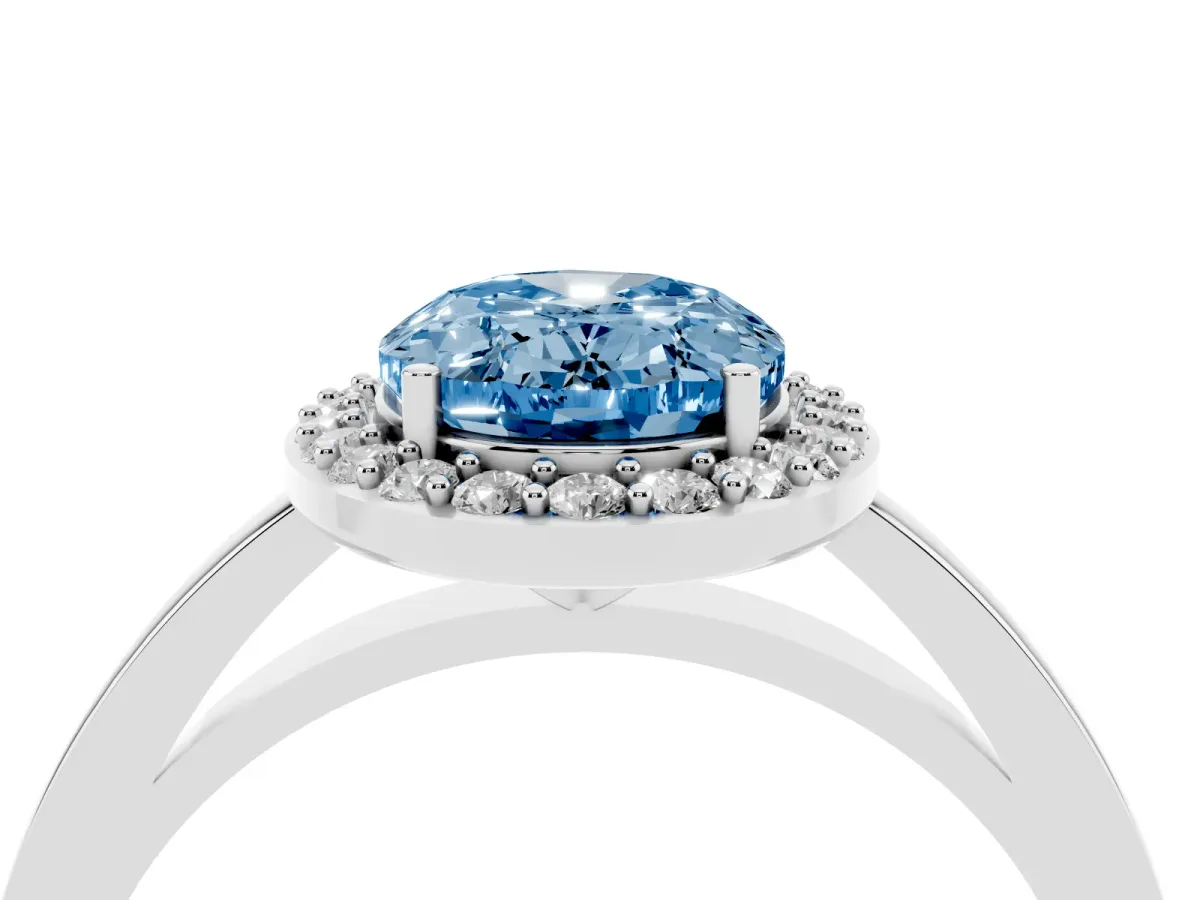 Fancy Blue Oval Cut Halo Diamond Ring with Solitaire Band and Prong Setting Platinum