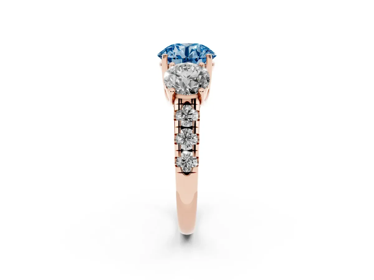 Fancy Blue Three-Stone Round Cut Diamond Pavé Band with Prong Setting Rose gold