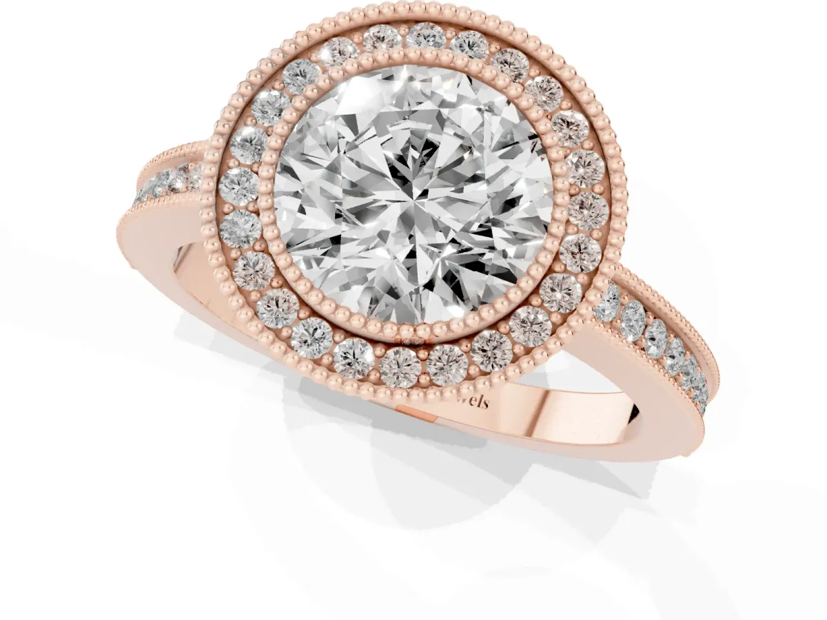 Round Cut Cut Halo Diamond Ring with Pavé Band and Milgrain Prong Setting Rose gold