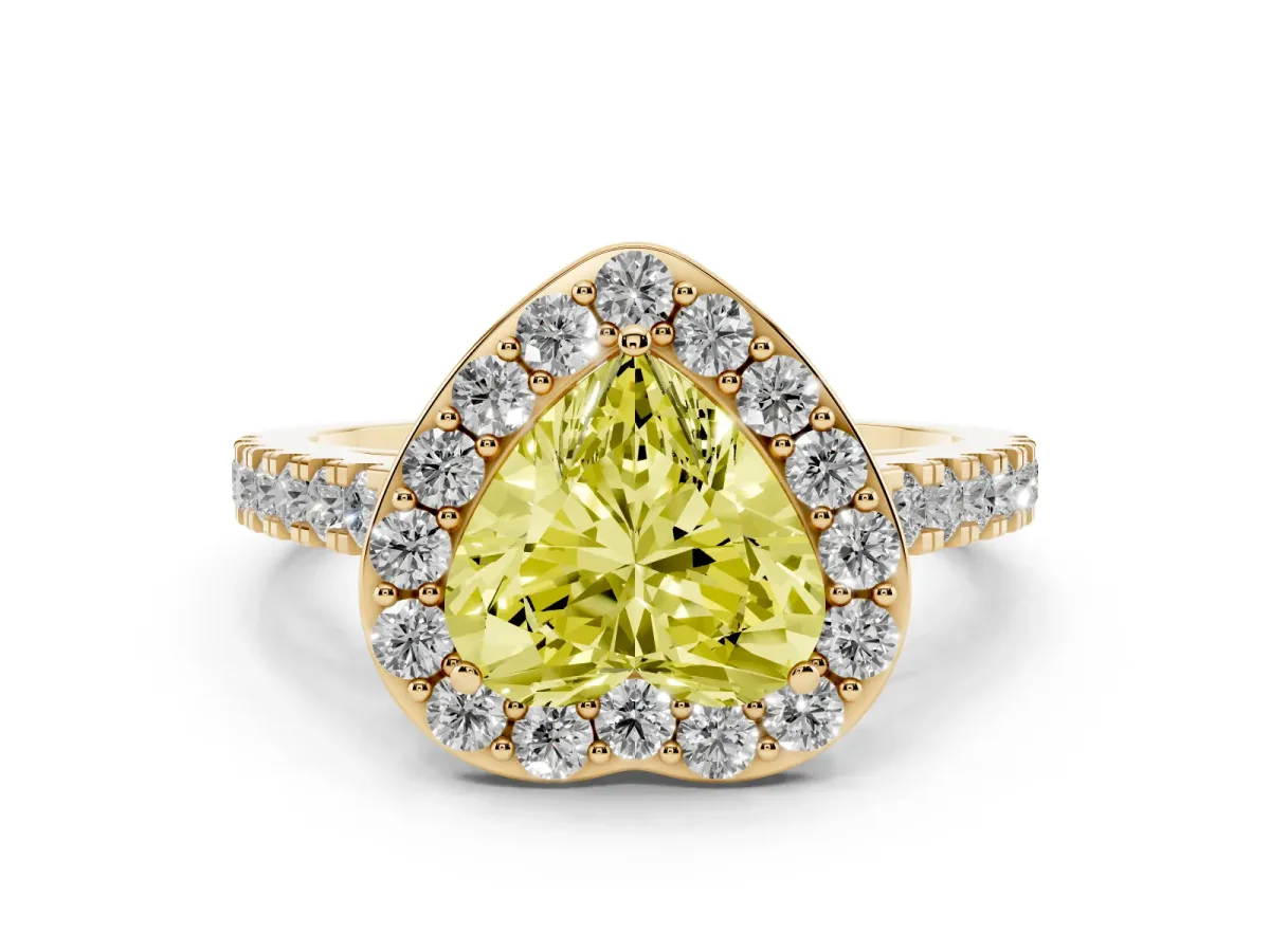 Fancy Yellow Heart Cut Diamond Halo Ring with Round Pavé Split Shank and Prong Setting Yellow gold