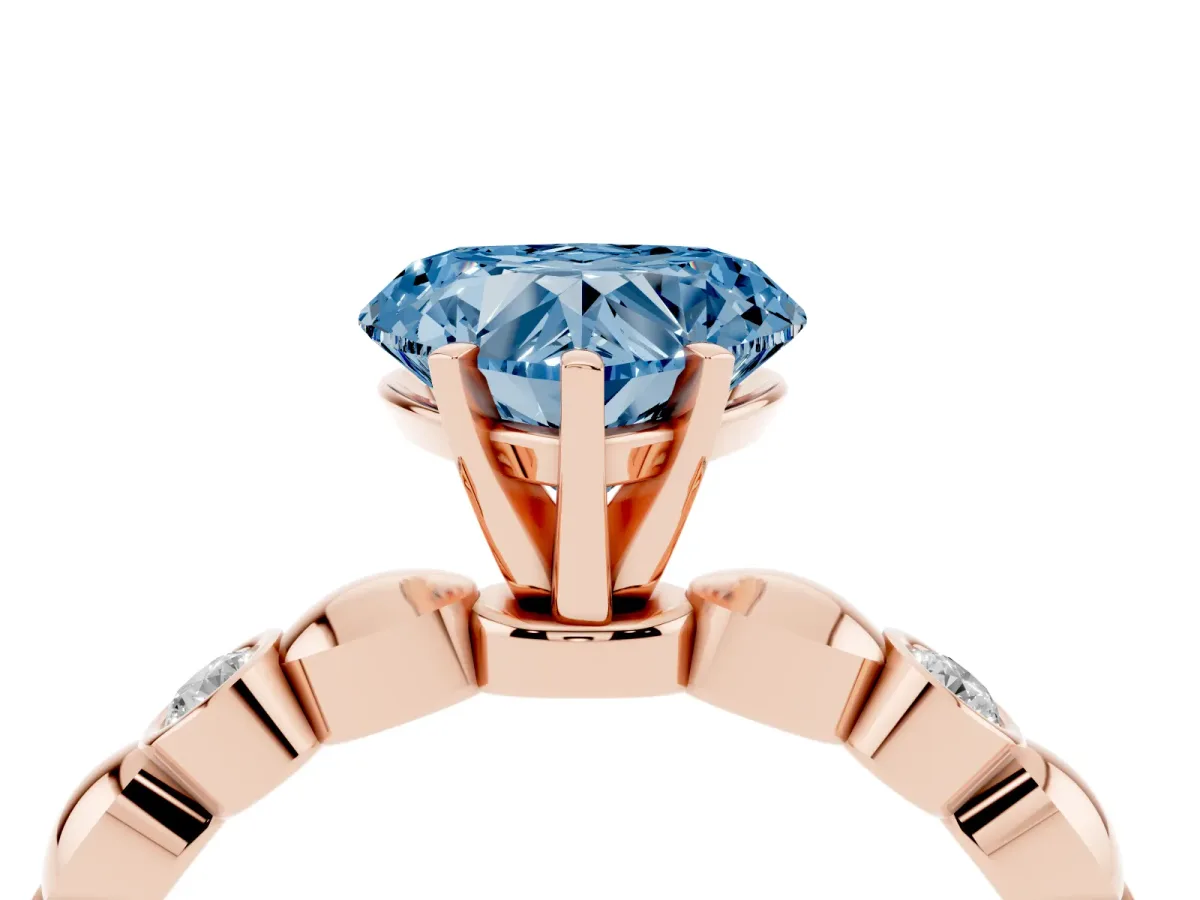 Fancy Blue Heart Cut Solitaire Bezel-Set Diamond Ring with Beaded Band and Four-Prong Setting Rose gold