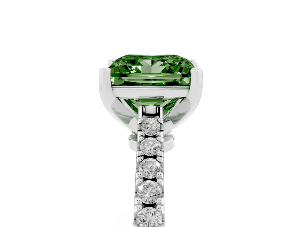 Fancy Green Princess Cut Cut Solitaire Diamond Engagement Ring with Pave Band and Four-Prong Setting Platinum