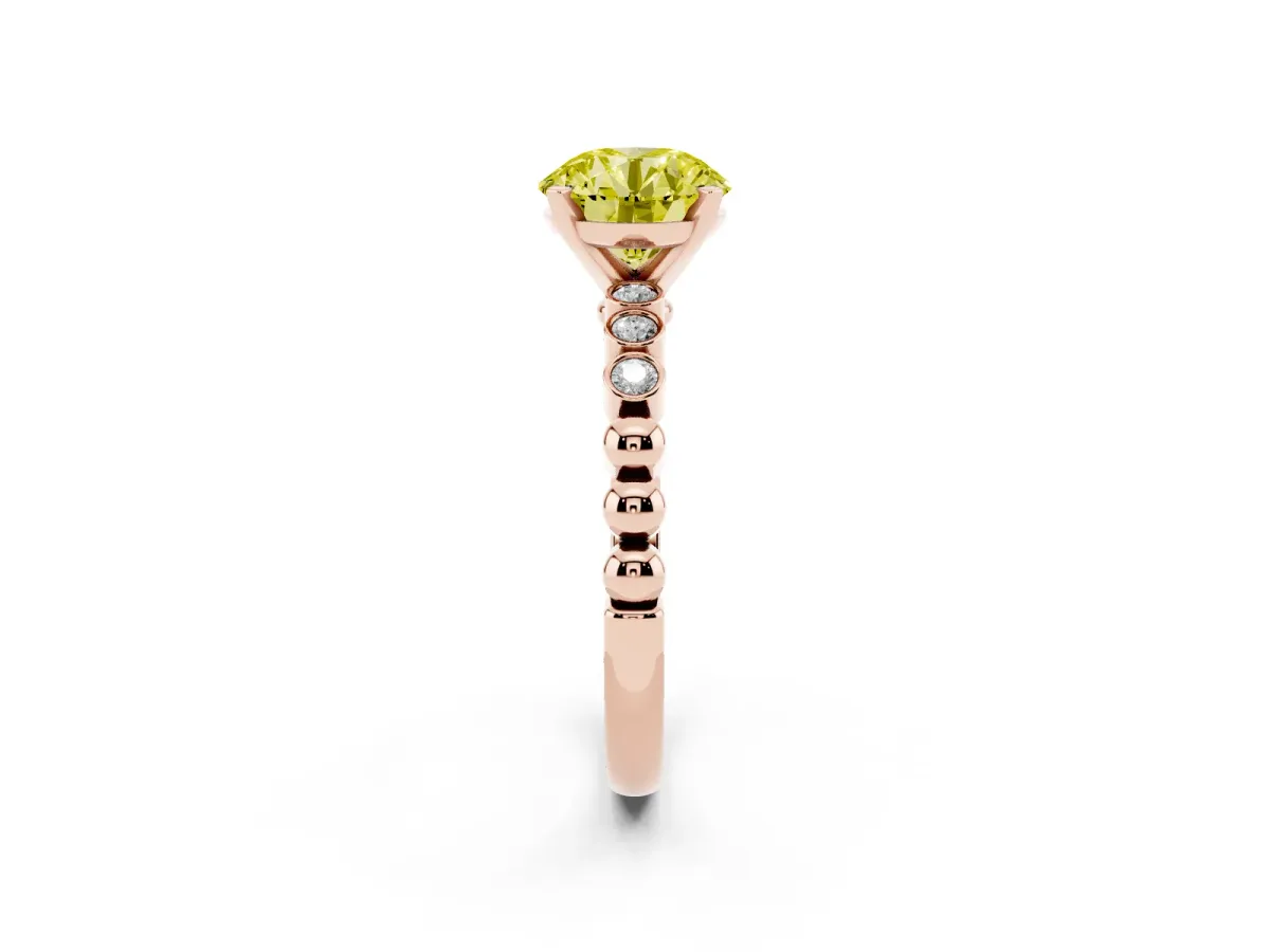 Fancy Yellow Round Cut Solitaire Bezel Accent Diamond Engagement Ring with Beaded Band and Four-Prong Setting Rose gold