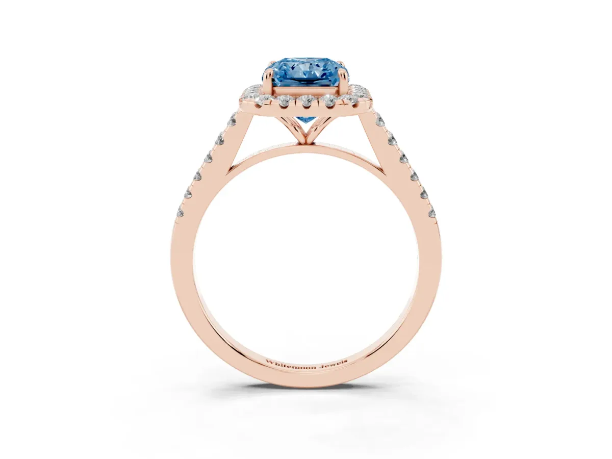 Fancy Blue Radiant Cut Halo Pave Diamond Engagement Ring with Four-Prong Setting Rose gold