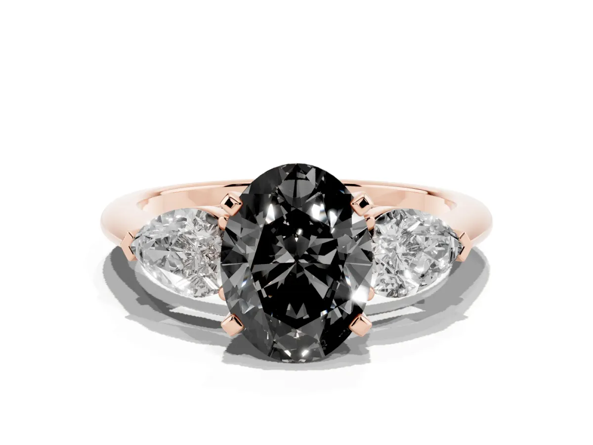 Fancy Black Three-Stone Oval Cut Diamond Ring with Pear Side Stones and Four-Prong Setting Rose gold