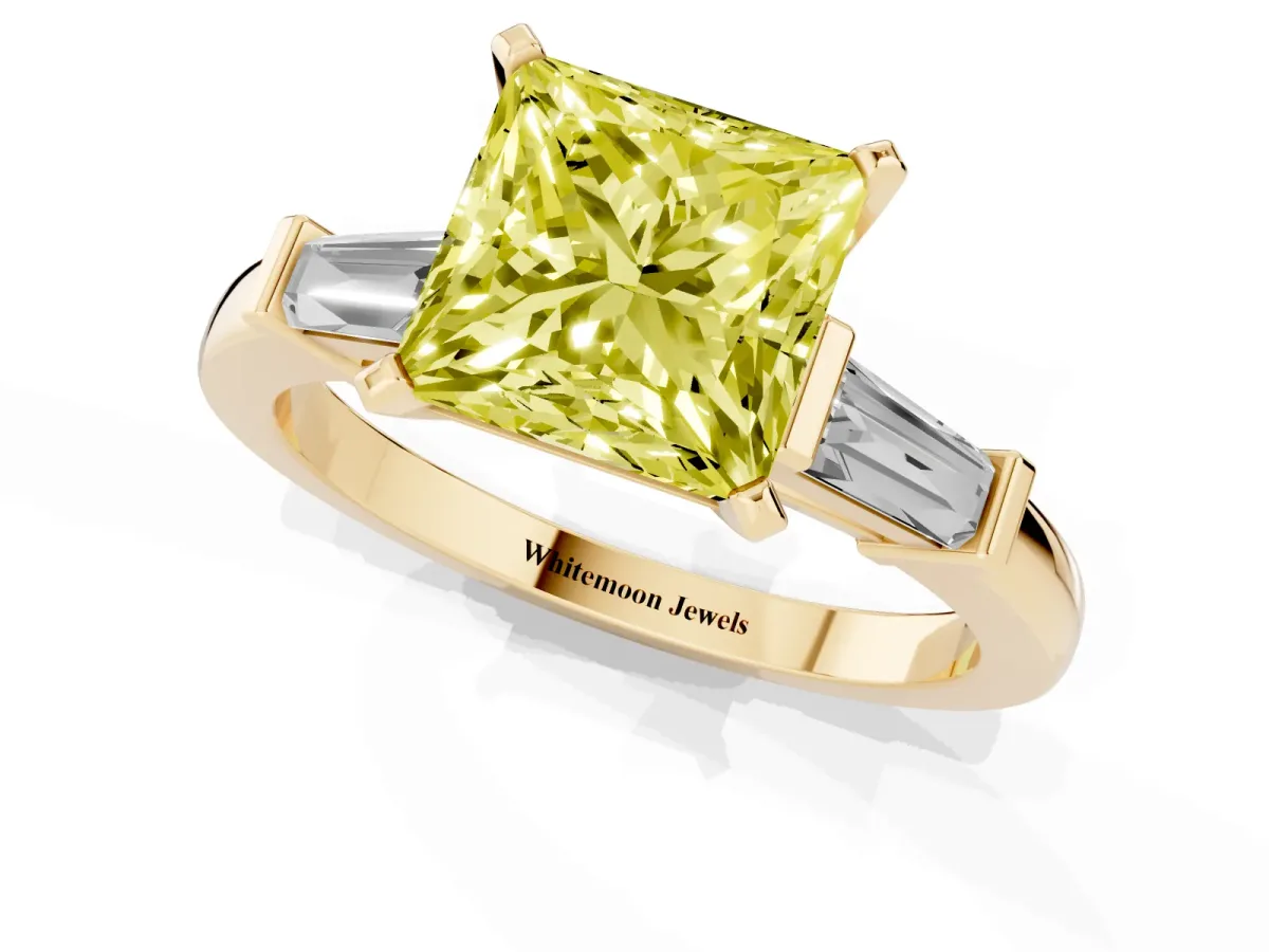 Fancy Yellow Princess Cut Cut Diamond Solitaire Ring with Tapered Baguette Accents and Four-Prong Setting Yellow gold