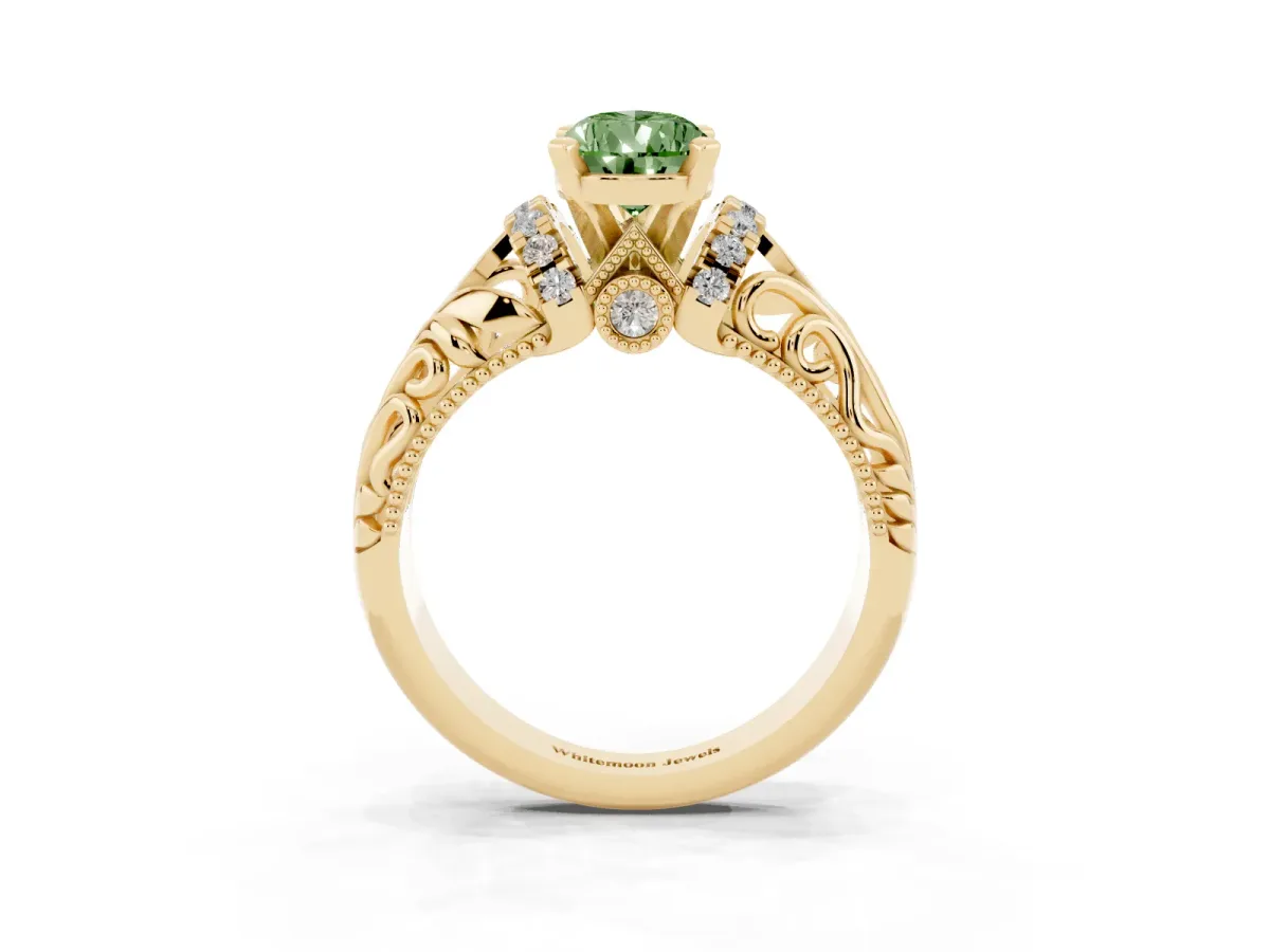 Fancy Green Pear Cut Solitaire Filigree Engagement Ring with Halo and Prong Setting Yellow gold