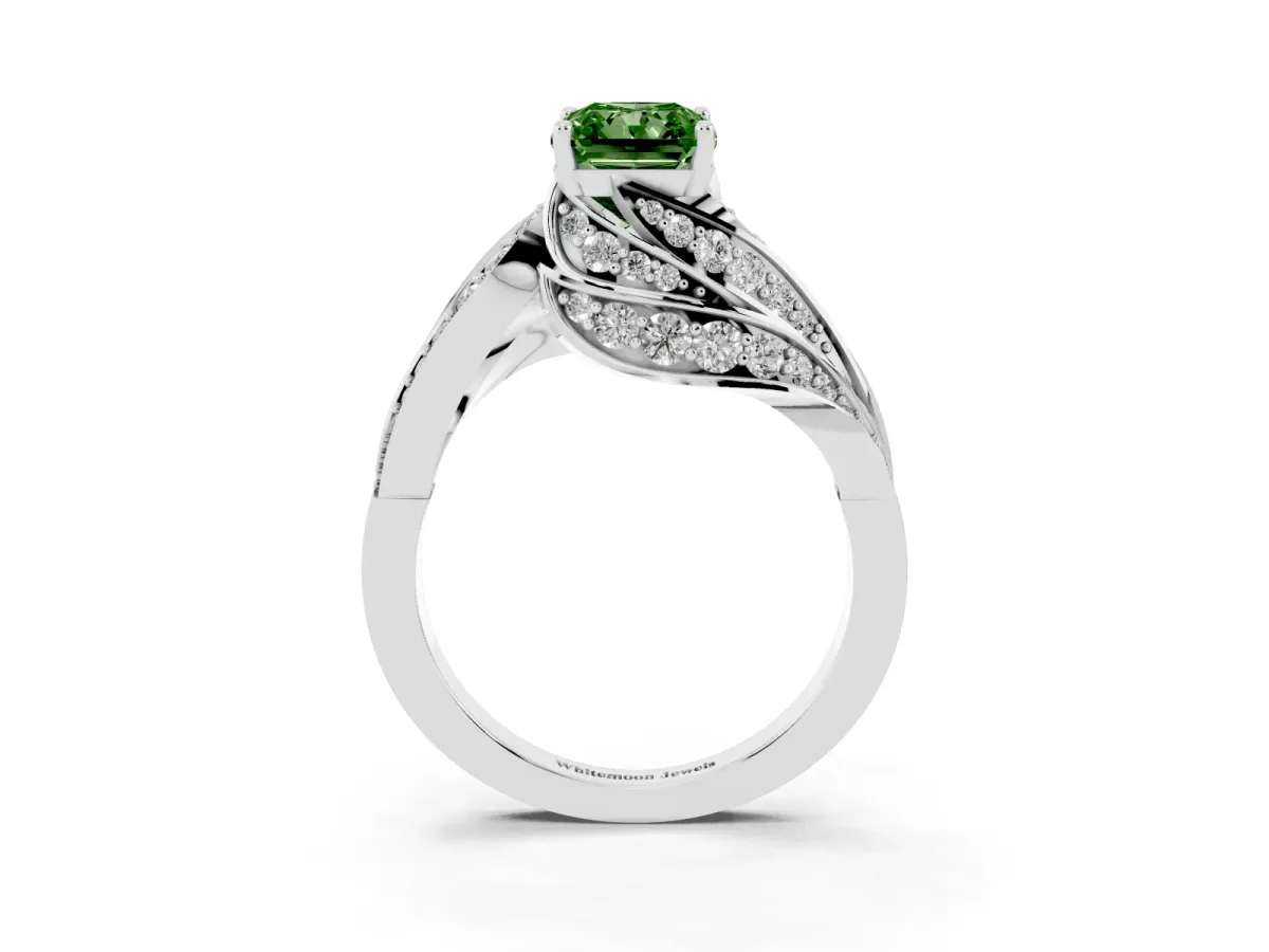Fancy Green Radiant Cut Diamond Solitaire Ring with Prong Setting and Twisted Pavé Band Silver