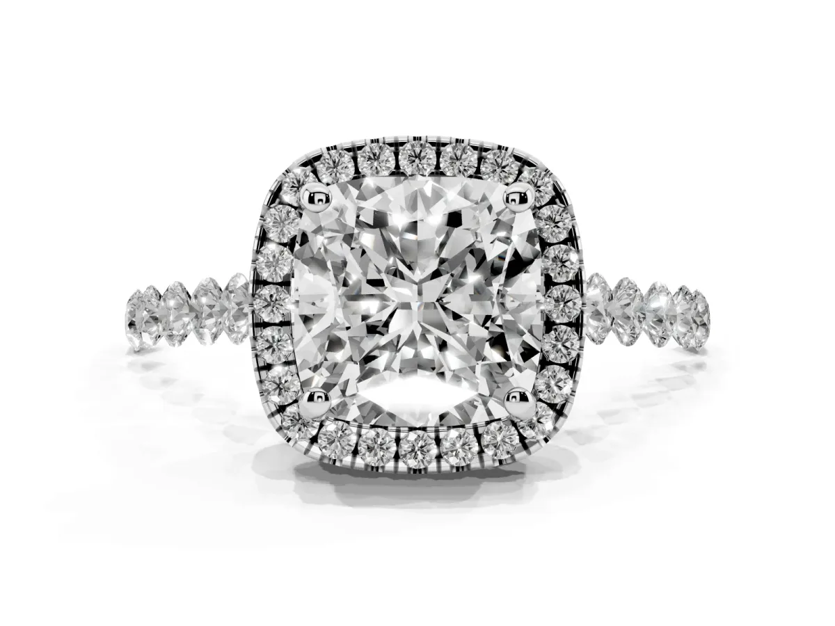 Cushion Cut Halo Pavé Diamond Engagement Ring with Four-Prong Setting Silver