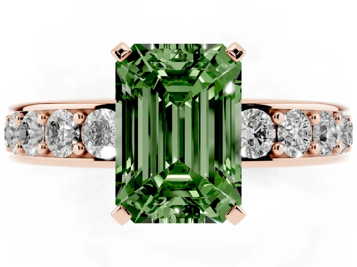 Fancy Green Emerald Cut Diamond Engagement Ring with Channel Set Round Band and Prong Setting Rose gold