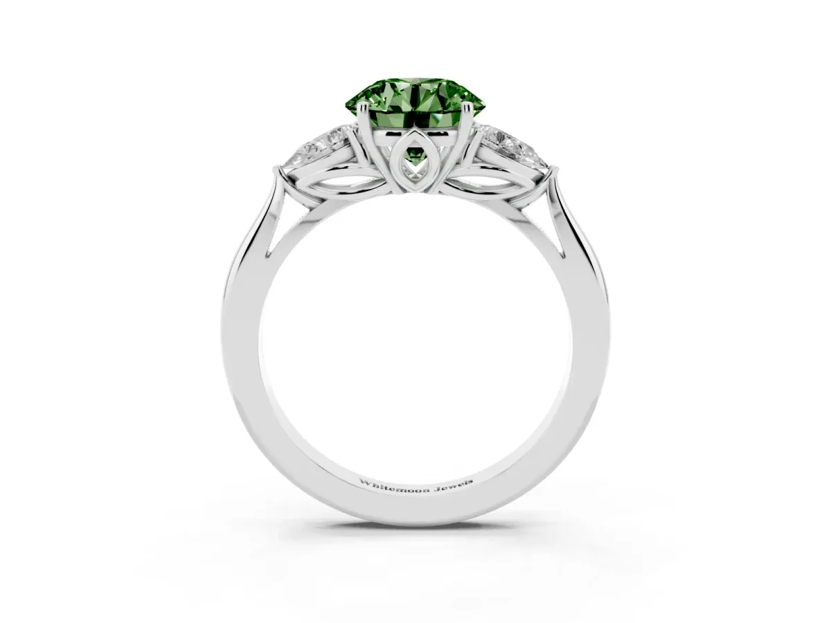 Fancy Green Three-Stone Round Cut Diamond Ring with Pear Side Stones in Four-Prong Setting Platinum