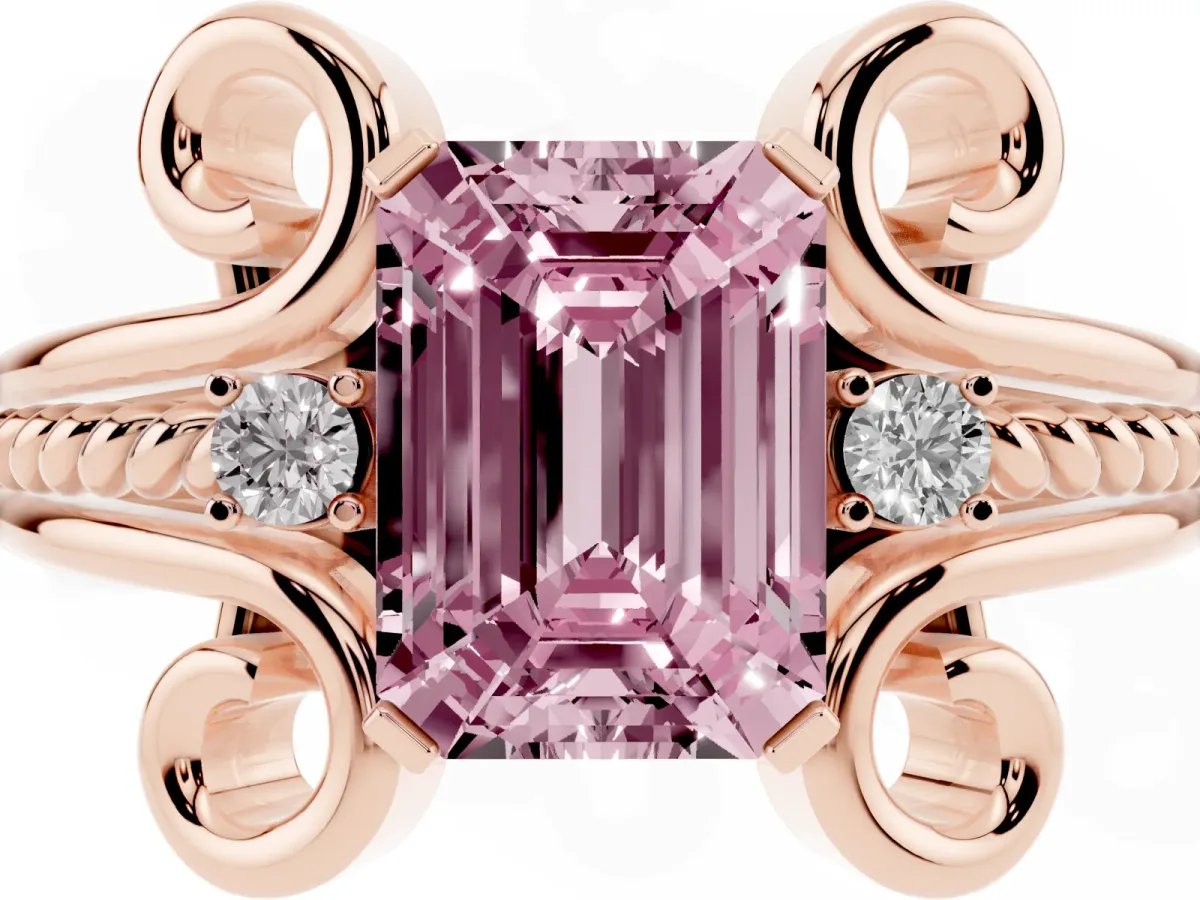 Fancy Pink Emerald Cut Solitaire Twisted Band Scroll Prong Ring Rose gold