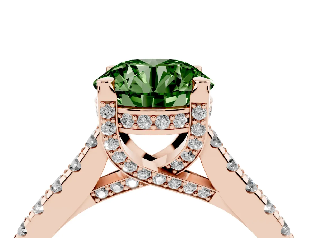 Fancy Green Round Cut Brilliant Diamond Solitaire with Pavé Band and Four-Prong Setting Rose gold