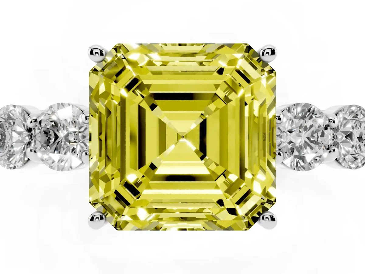 Fancy Yellow Asscher Cut Cut Diamond Five-Stone Prong Set White Gold Ring Platinum